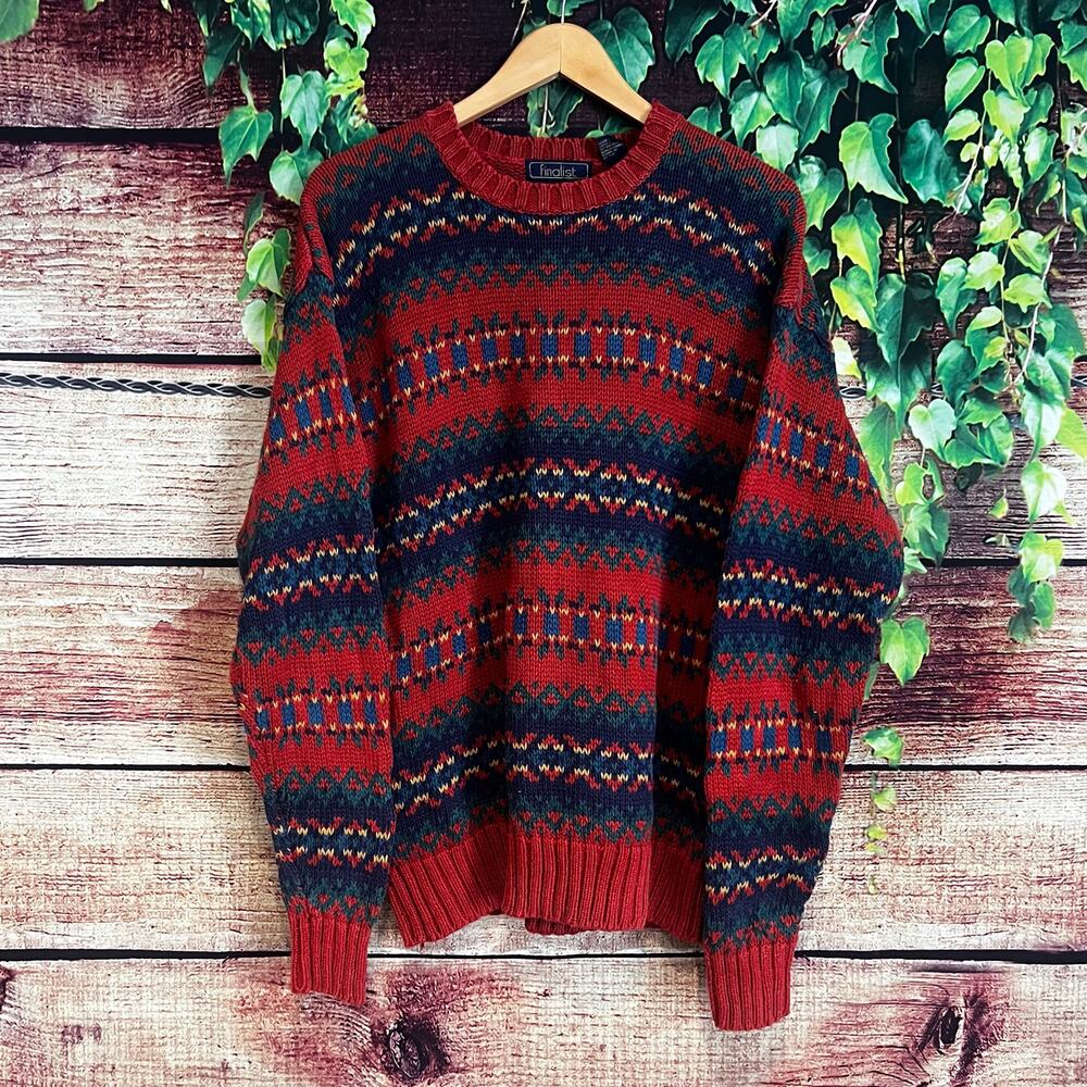 Vintage Finalist Fair Isle Crewneck Sweater Mens Medium Knit Nordic Ramie Cotton